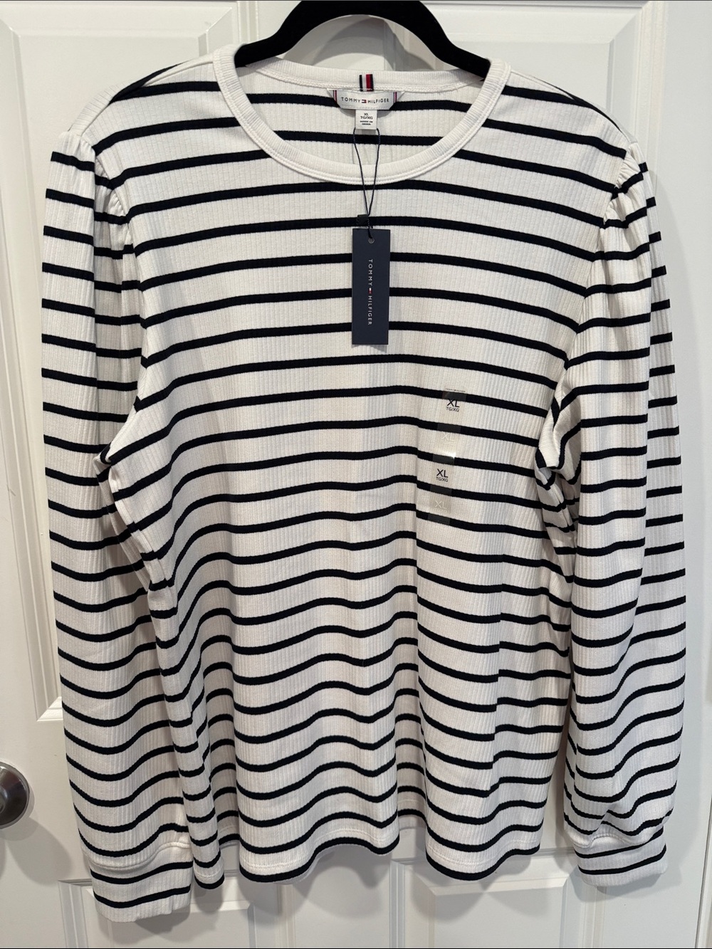 Tommy Hilfiger White and Navy Striped Long Sleeve Crewneck Top